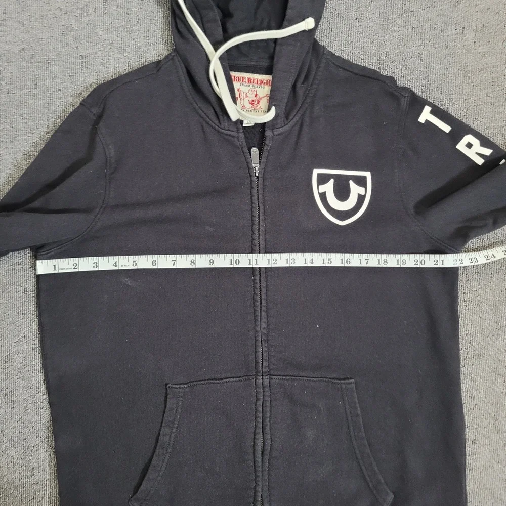 True Religion Large Zip Hoodie Mens Black White Horseshoe Graphic Logo Striped
